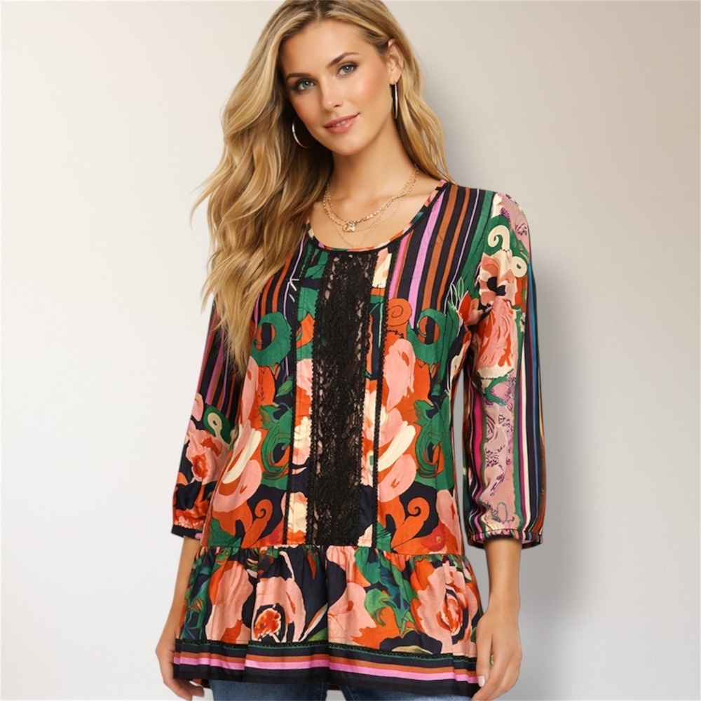 Anthropologie Odille 6 100% Silk Minted Melon Floral Stripe Lace Peplum Boho Top